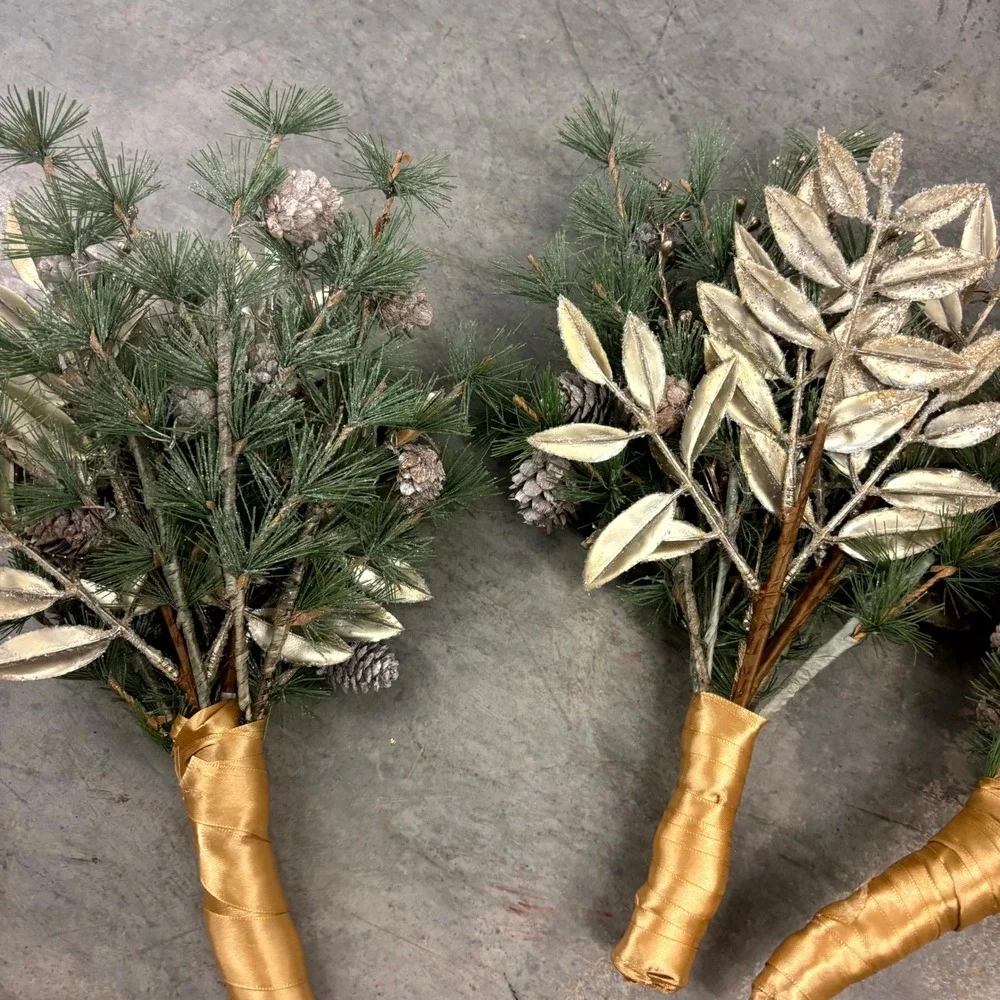 Set of 4 Winter Pine Floral Picks Gold Leaves Pinecones Holiday Christmas Decor
